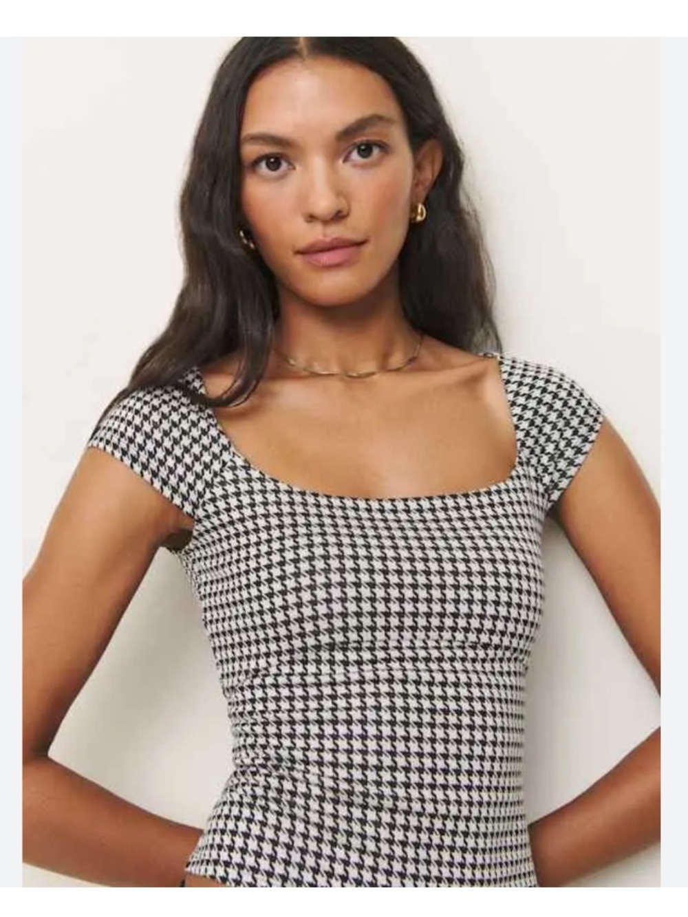 Reformation Isadora Black White  Houndstooth Square Neck Top Old Money